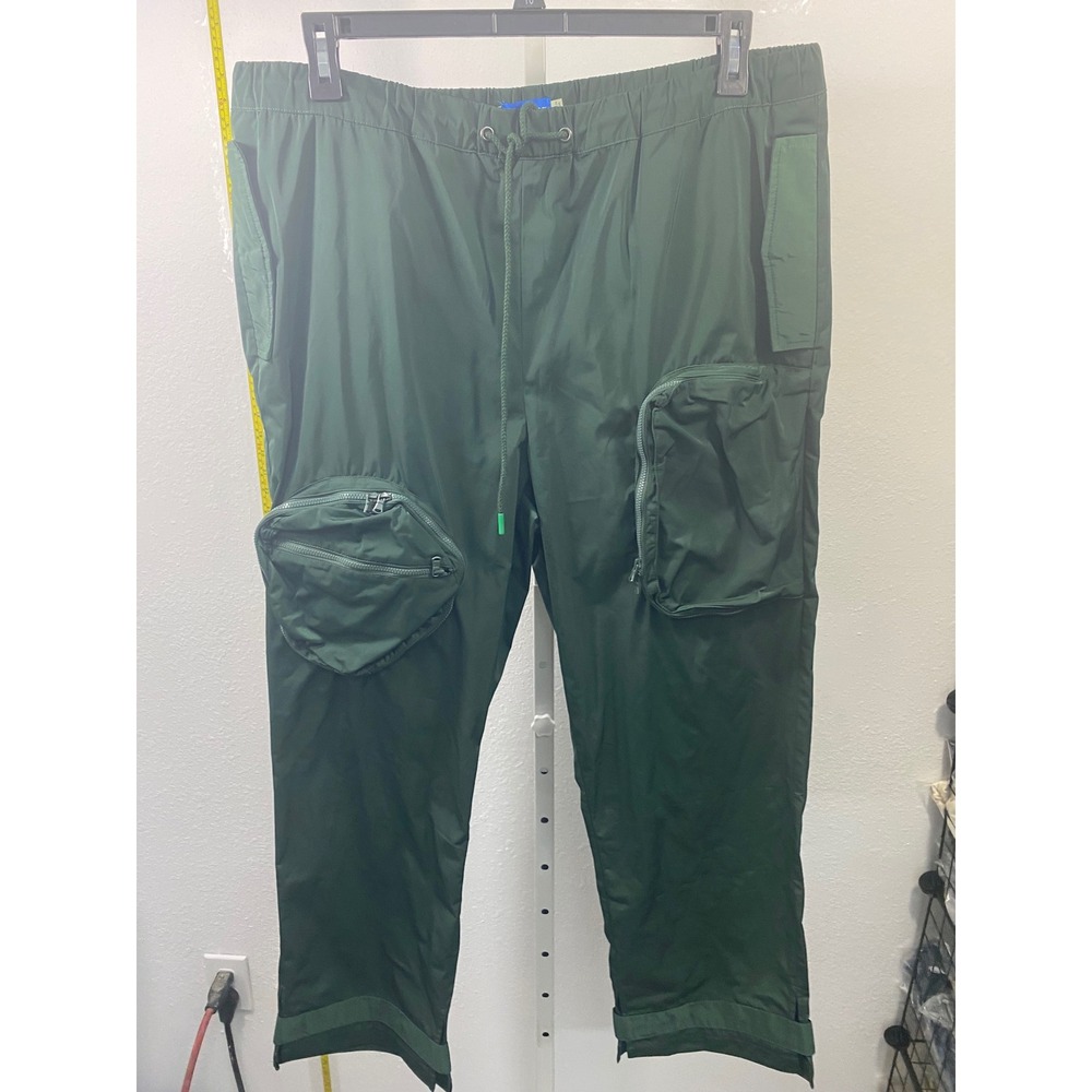 C'est Bon Mens Green Nylon Cargo Pants XXL Asymmetrical Zip Pockets Streetwear